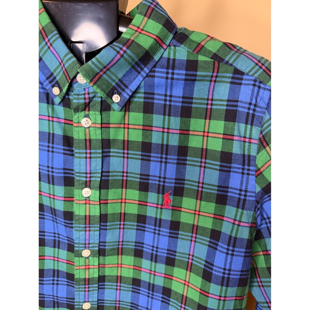 Ralph Lauren Boys XL 18-20 Green Blue Plaid Cotton Button Down Shirt Long Sleeve - Picture 3 of 4